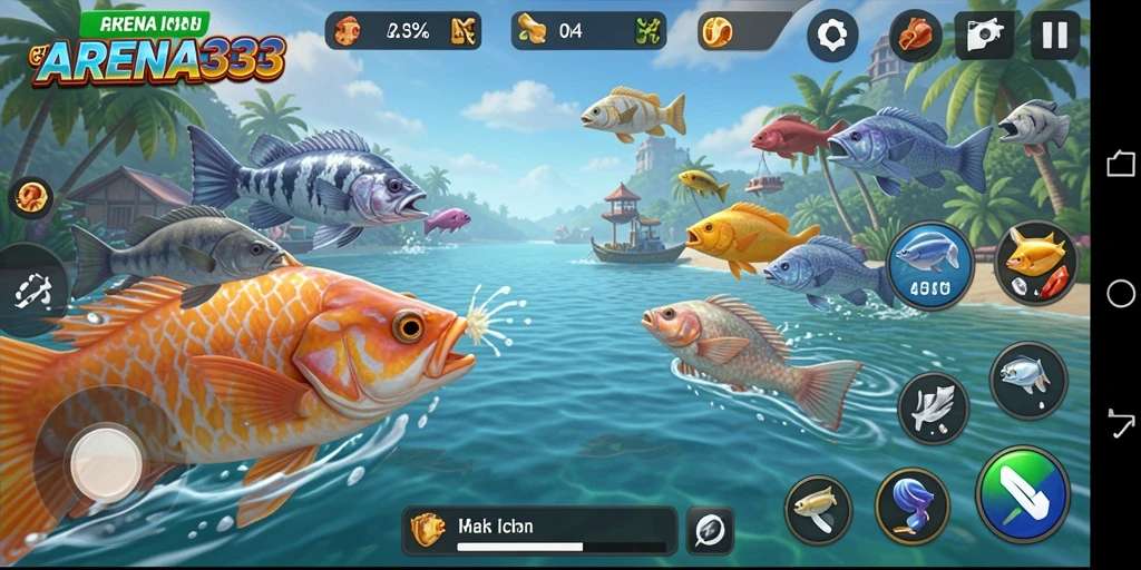 Tampilan gameplay seru di ARENA333 dengan aksi menembak ikan.