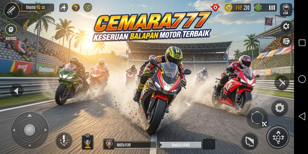 Tampilan gameplay seru dari CEMARA777 saat balapan motor.