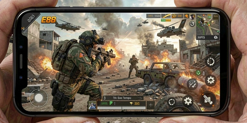 Tampilan gameplay E88 yang mendebarkan dengan aksi menembak seru.