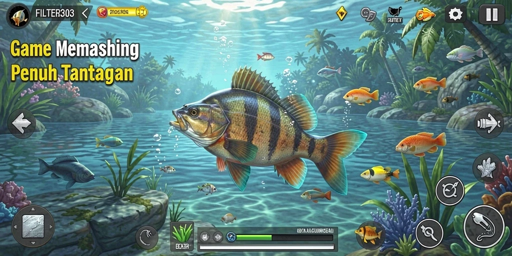 Screenshot dari gameplay FILTER303 yang menunjukkan pengalaman memancing yang mendebarkan.