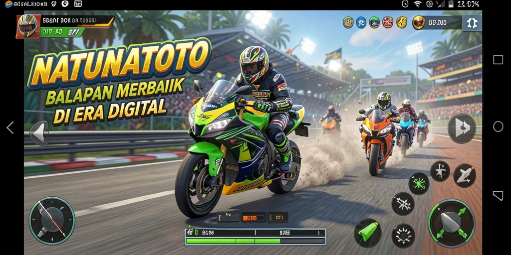 Screenshot utama NATUNATOTO menampilkan aksi balapan motor yang seru.