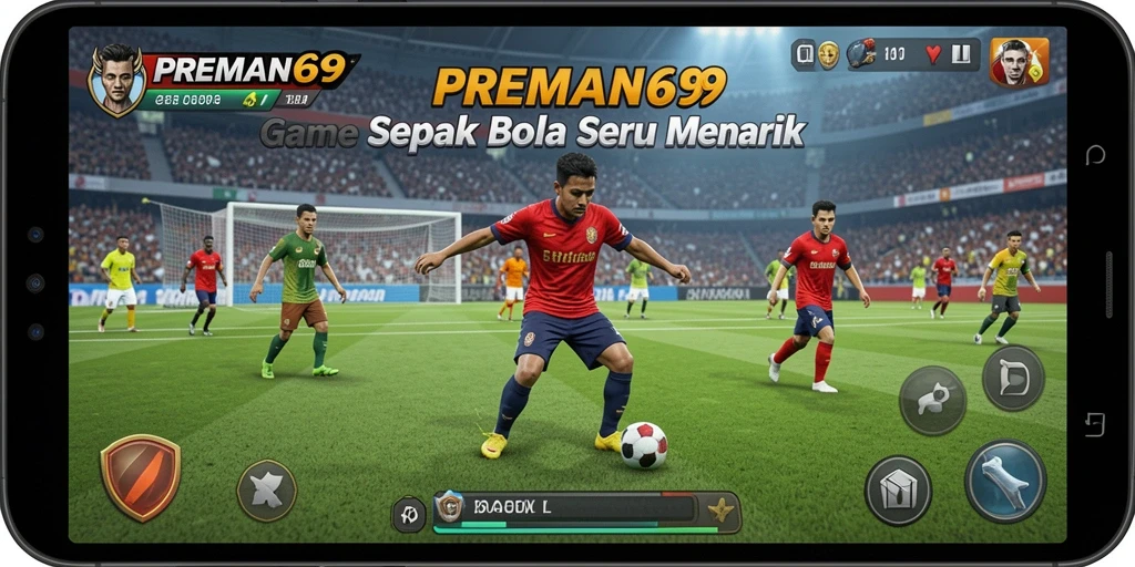 Tampilan gameplay seru dari PREMAN69 dengan aksi sepak bola yang intens.