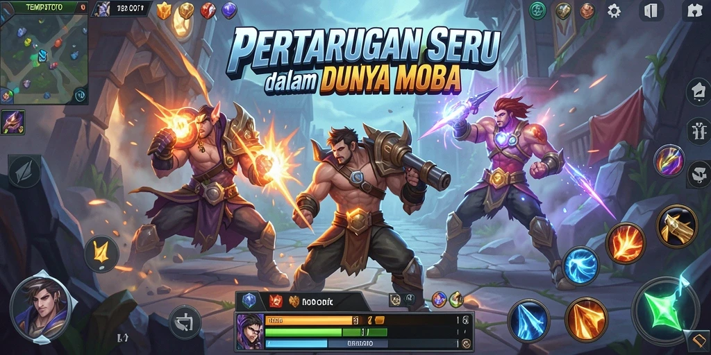 Tampilan screenshot <strong>TEMPOTOTO</strong> menampilkan aksi pertarungan dalam arena MOBA.