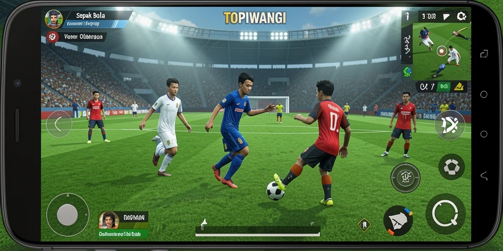 Screenshot utama TOPIWANGI menampilkan aksi memukau saat bermain sepak bola.
