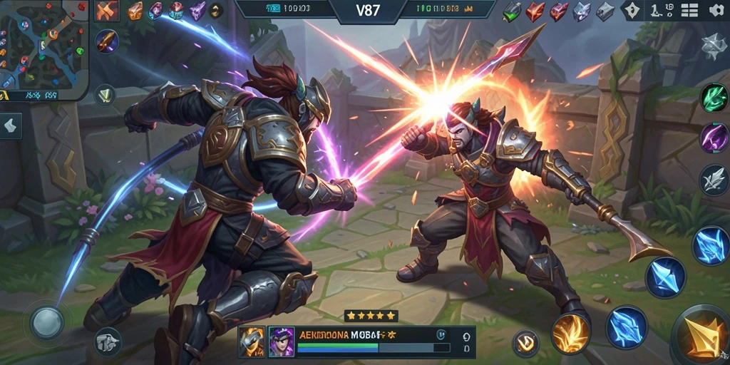 Screenshot dari gameplay V87 yang menunjukkan pertarungan epik antar hero.